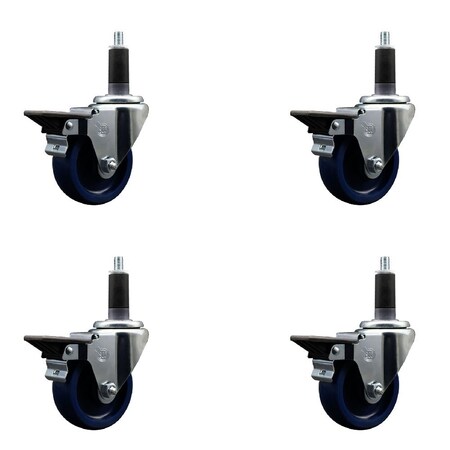 Service Caster 3.5'' Solid Poly Swivel 1-1/8'' Expanding Stem Caster Set with Brake, 4PK SCC-EX20S3514-SPUS-PLB-118-4